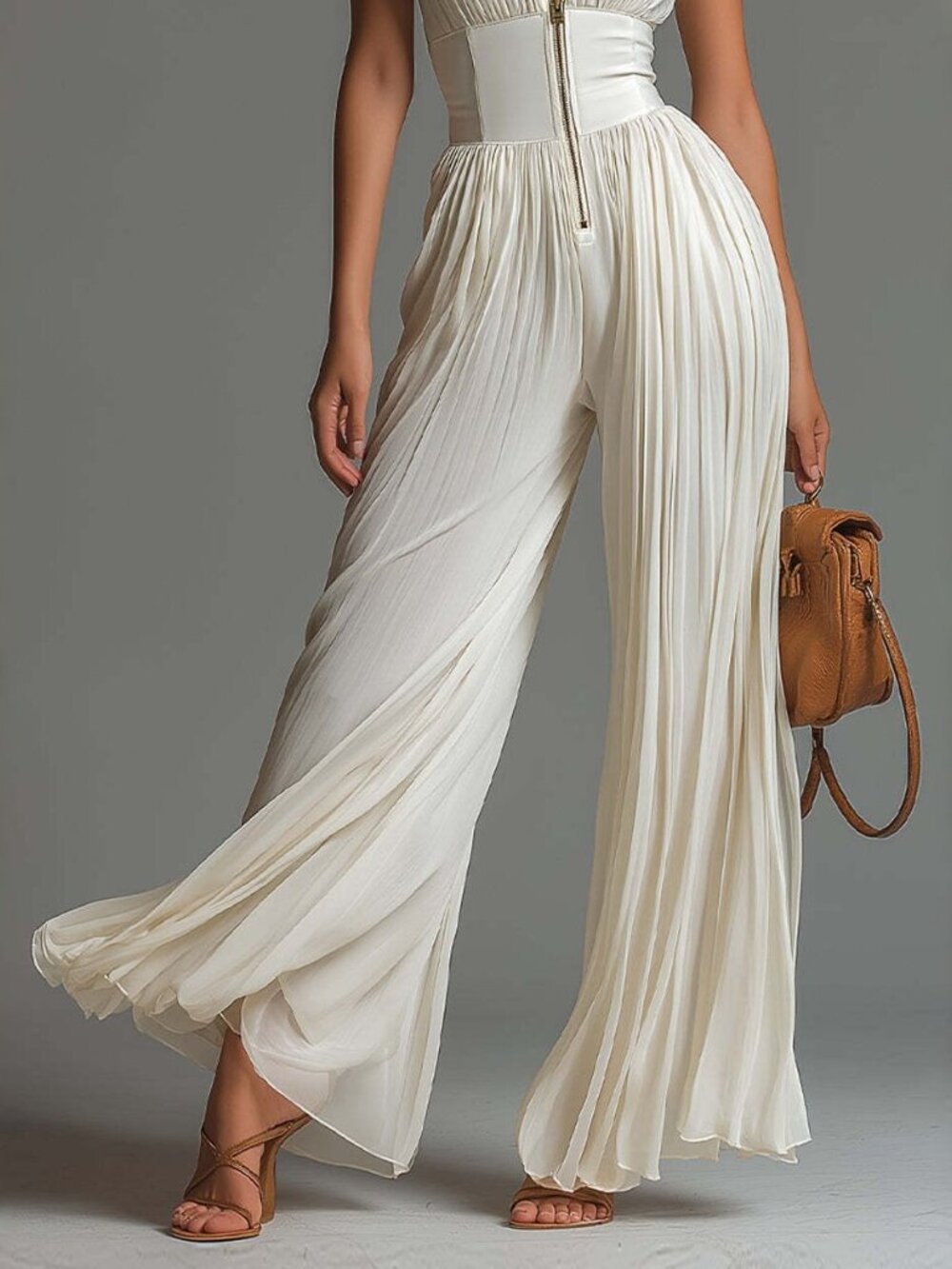 Women's White Pleated Halter Wide-Leg Jumpsuit - Picture 4 of 5